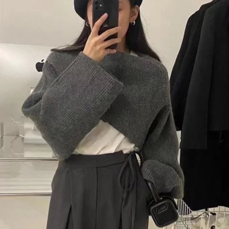 mvrsgreen - Short Pullovers Sweaters Autumn Winter Streetwear Knitted Sweater Women's Long Sleeve Cross Irregular Solid Y2K Tops 22933