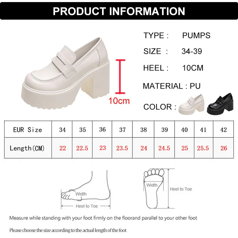 mvrsgreen Black White Chunky Platform Loafers Women Autumn Thick High Heel Pumps Woman Slip On Pu Leather Goth Shoes Female