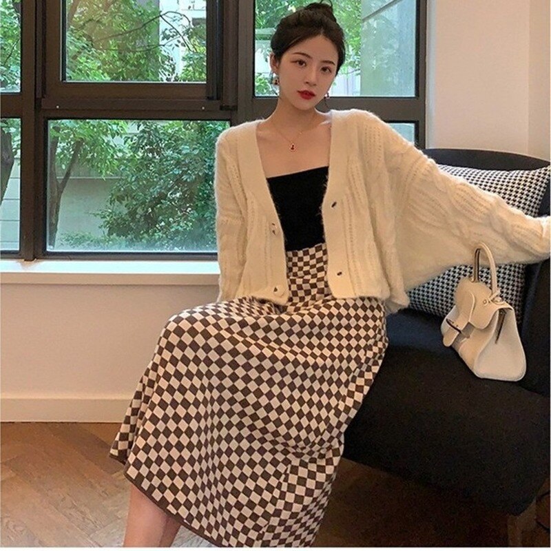 mvrsgreen Autumn Winter Womens Knitted Skirts Korean High Waist Mid-long One-step Skirt Woman Elegant Checkerboard Skirts