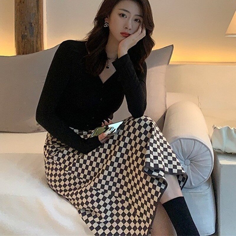 mvrsgreen Autumn Winter Womens Knitted Skirts Korean High Waist Mid-long One-step Skirt Woman Elegant Checkerboard Skirts