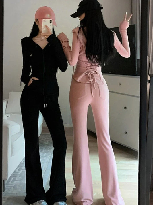 mvrsgreen Y2K Casual 2 Piece Set Tracksuit Women Hooded Zip Up Slim Coat + Drawstring Wide Leg Pants Autumn Korean Fashion Solid Outfits