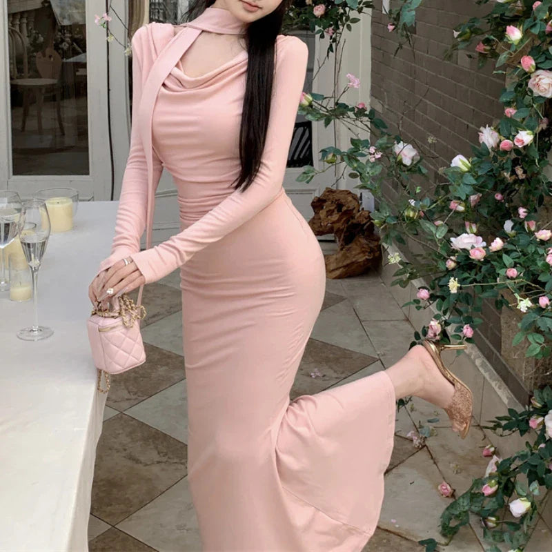 mvrsgreen  Korean V-neck Pleated Sexy Elegant Long-sleeved Dress Women  Spring New High Street Solid Color Mid-length Dress with Scarf