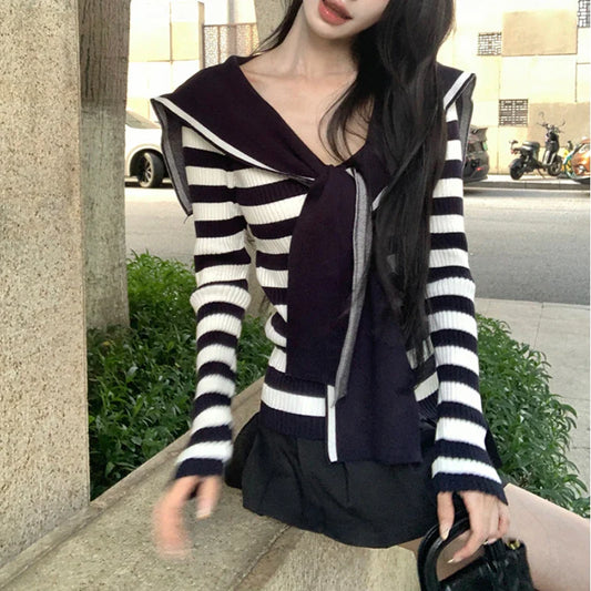 mvrsgreen Soldier Collar Lace-up Loose Casual Long-sleeved Sweater Women 2024 Autumn New Korean Contrast Color Striped Cute Knitted Tops