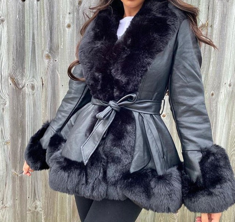 mvrsgreen Winter Warm PU Leather Jackets with Belt Women Elegant Slim Faux Fur Coats Women Long Sleeve Pockets Overcoat Female