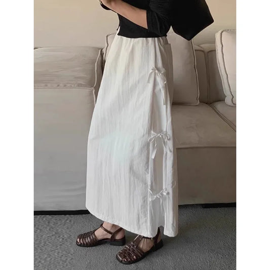 mvrsgreen Korean Bow Lace-up Loose Casual Mid-length Skirt Women 2024 Summer New High Waist Solid Color All Match A-line Skirt