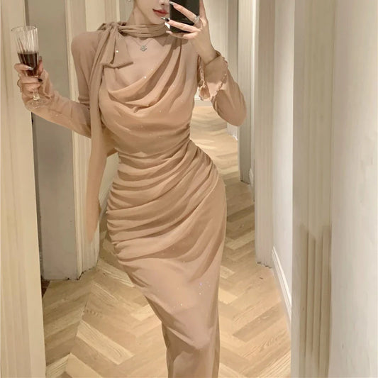 mvrsgreen Swing Collar Pleated Sexy Slim Sequins Long-sleeved Dress Women  Spring New Korean Lace-up Solid Color Elegant Party Dress