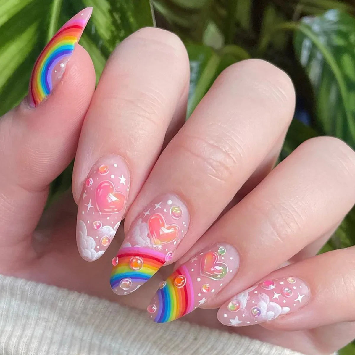 mvrsgreen 24Pcs Pink French False Nails Rainbow Cloud Design Full Cover Nail Tips Summer Long Almond Fake Nails Almond Press on Nails