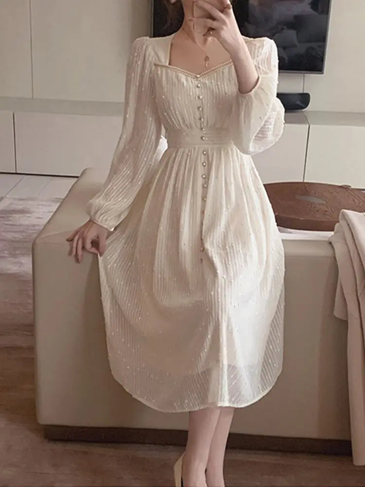 mvrsgreen 2024 Summer New Women Fashion Elegant White Midi Dresses Vintage Princess Female Party A Line Clothes Prom Robe Vestdios