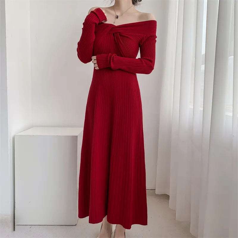 mvrsgreen - New  Autumn Winter Long Sweater Dress Women Slash Neck Cross Elegant Knitted Dresses Rib Cotton Maxi Dresses Female