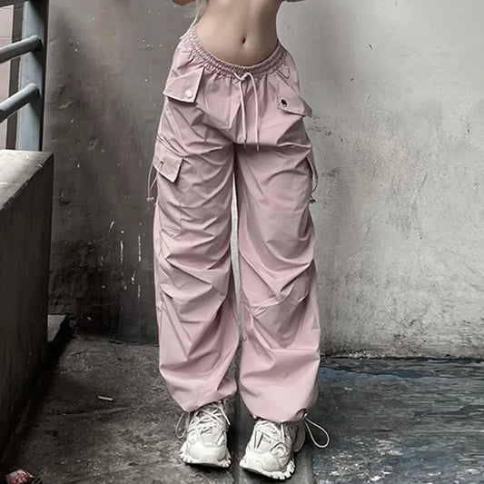 mvrsgreen Safari Style Big Pockets Wide Leg Pants Casual Low-Waisted Cargo Pants Women  Autumn Spring Fashion Streetwear Lady