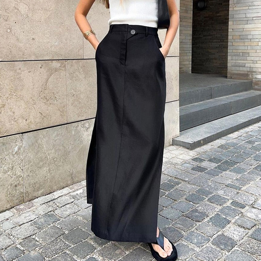 mvrsgreen Black Skirt Women Autumn Streetwear High Waisted Pencil Long Skirts Dress Femme Casual Split Vintage Silk Skirt