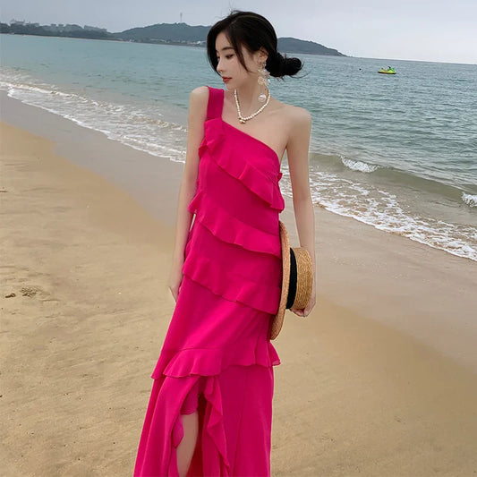 mvrsgreen Elegant Beach Party Ruffles Long Dresses for Women  Summer New Korean Fashion Sexy Sleeveless Split Holiday Female Clothing