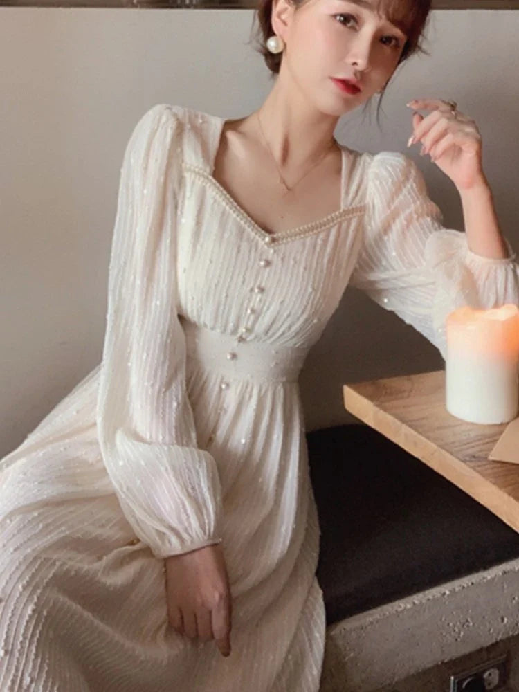 mvrsgreen 2024 Summer New Women Fashion Elegant White Midi Dresses Vintage Princess Female Party A Line Clothes Prom Robe Vestdios