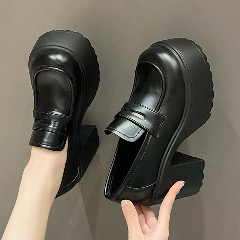 mvrsgreen Black White Chunky Platform Loafers Women Autumn Thick High Heel Pumps Woman Slip On Pu Leather Goth Shoes Female