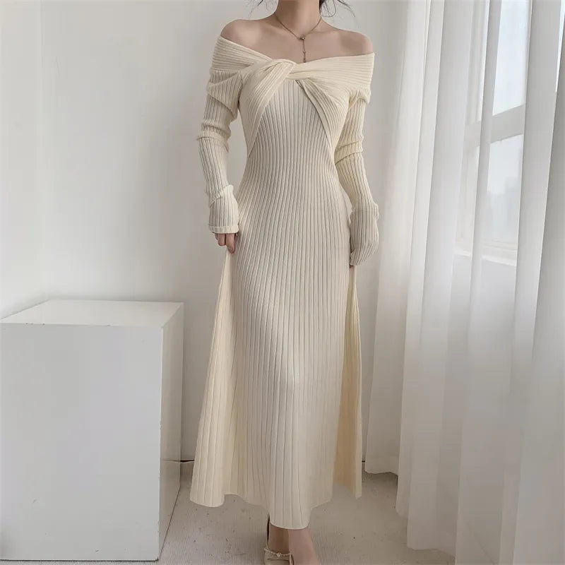 mvrsgreen - New  Autumn Winter Long Sweater Dress Women Slash Neck Cross Elegant Knitted Dresses Rib Cotton Maxi Dresses Female