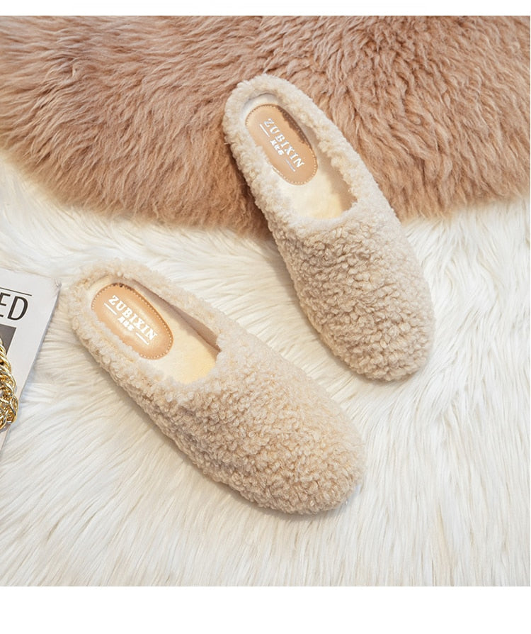 mvrsgreen Winter Luxury Lambwool Moccasins Femme Cotton Shoes New Women Warm Plush Loafers Curly Sheep Fur Flats Woman Shoes Slippers