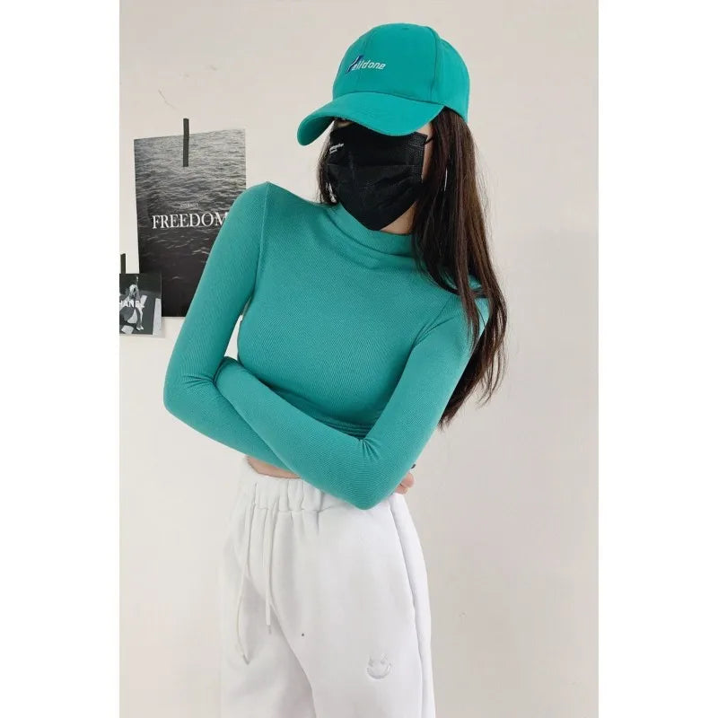 mvrsgreen Y2k Turtleneck Korean T Shirt Egirl Crop Top Tee Autumn Winter Fashion Long Sleeve Slim Streetwear Solid Casual Tops