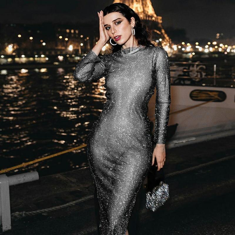 Women Slit Vintage High Silt Rhinestones Round Neck Long Sleeve Hollow Out See-Through Glitter Shiny Party Dress