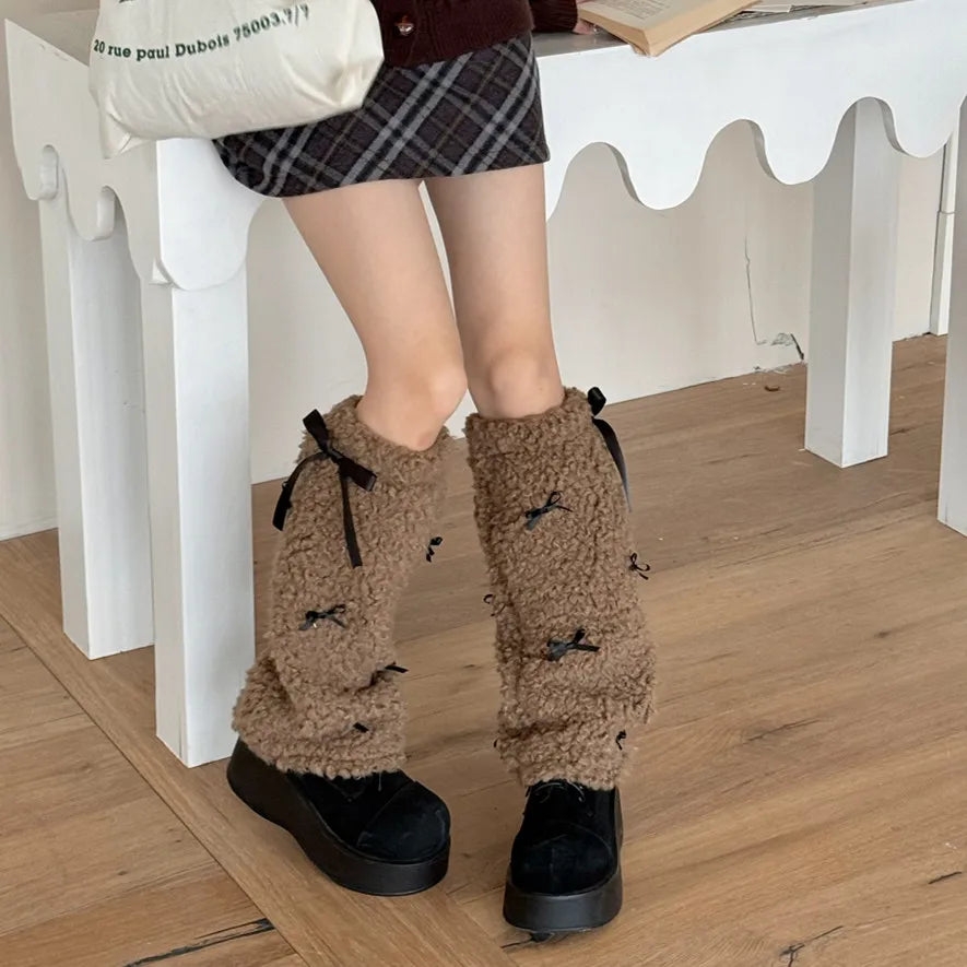 mvrsgreen New Bow Lamb Leg Warmers Winter Warm Plush Boots Cover Socks Half Leg Socks Y2K Women Gothic Lolita Kawaii Jk Accessories