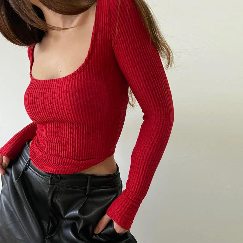 mvrsgreen - WhereMery Square Neck Long Sleeve Ribbed Knit T Shirt Women Autumn Winter Casual Crop Top Streetwear Y2K Basic Tops Tees