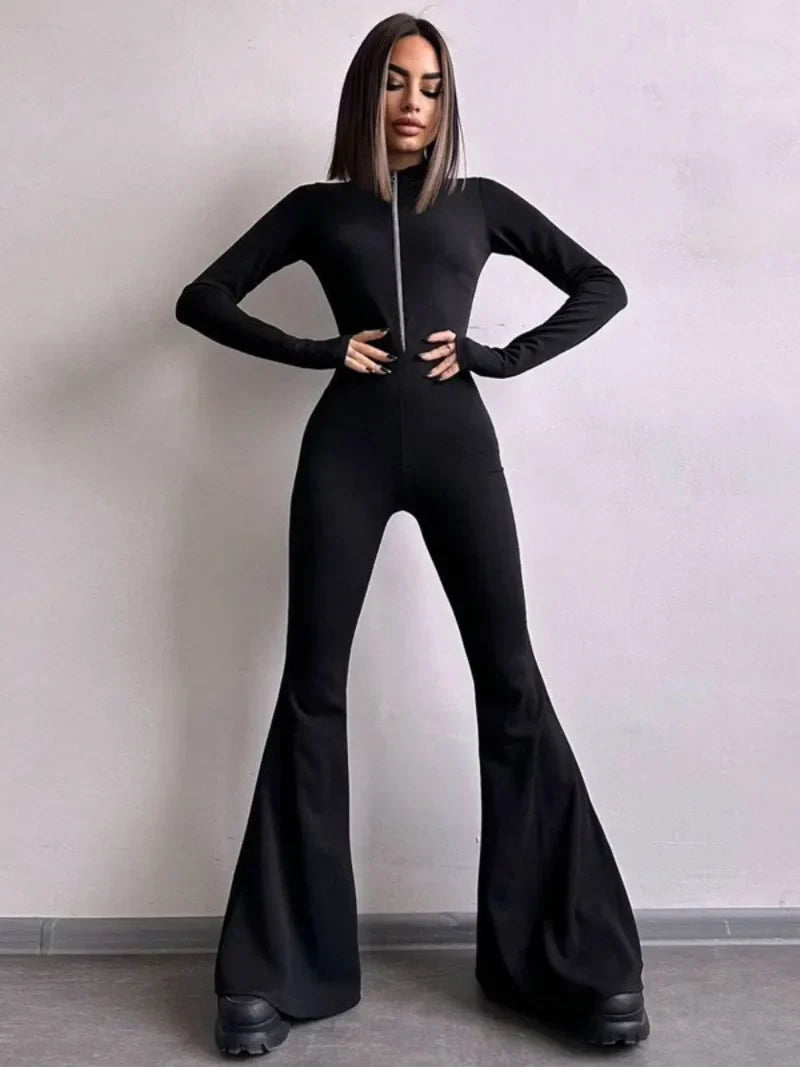 mvrsgreen  Spring Long Sleeve Zip-up Flare Pants Jumpsuits for Women Elegant O-neck High Waist Tunics Slim Overalls Female Streetwear