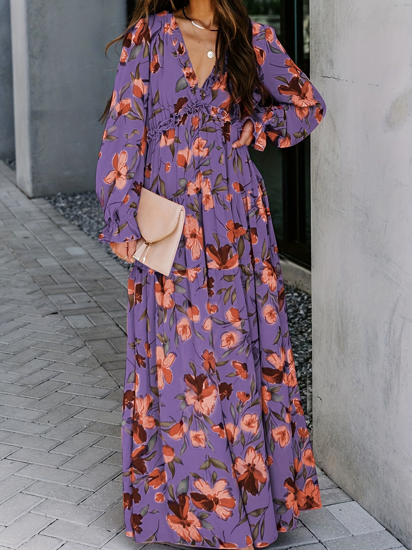 Romantic Floral Print Maxi Dress - Flowy Pleats & Modest V-Neck - Versatile Long Sleeves for Vacation Style - Womens Clothing