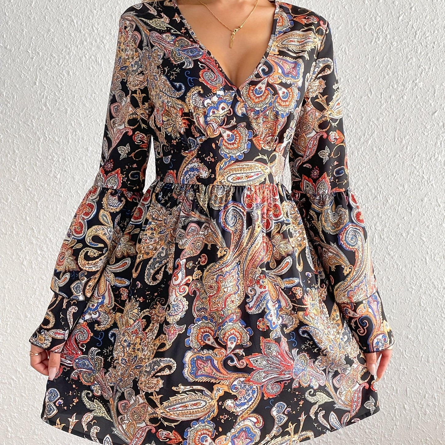 Boho-Inspired All-Season Midi Dress - Unique Floral Paisley, Durable & Easy-Care, Perfect for Every Occasion