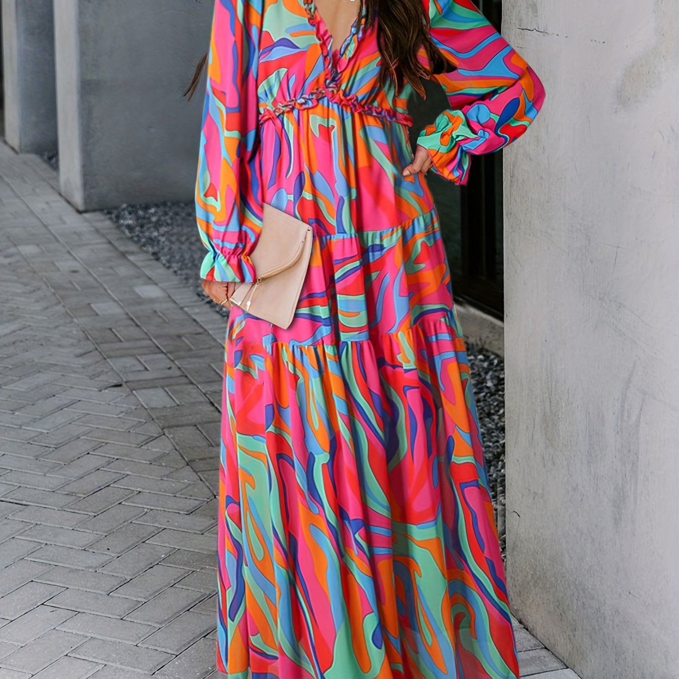 Romantic Floral Print Maxi Dress - Flowy Pleats & Modest V-Neck - Versatile Long Sleeves for Vacation Style - Womens Clothing