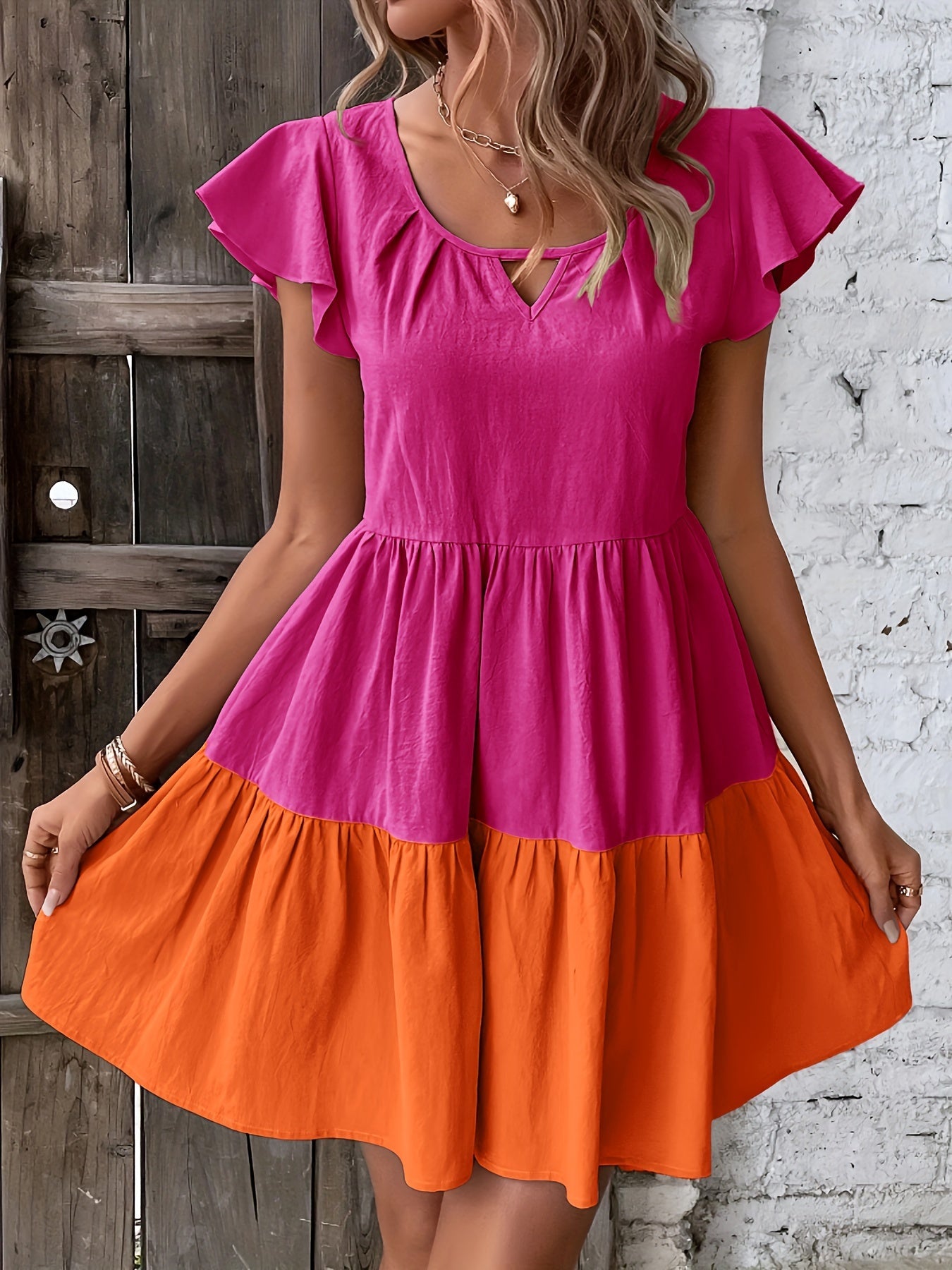 Women's Spring & Summer Flare Dress - Charming Crew Neck with Ruffle Sleeves, Flowy Ruffle Hem, Breathable Fabric, Perfect For Day-to-Night Wear