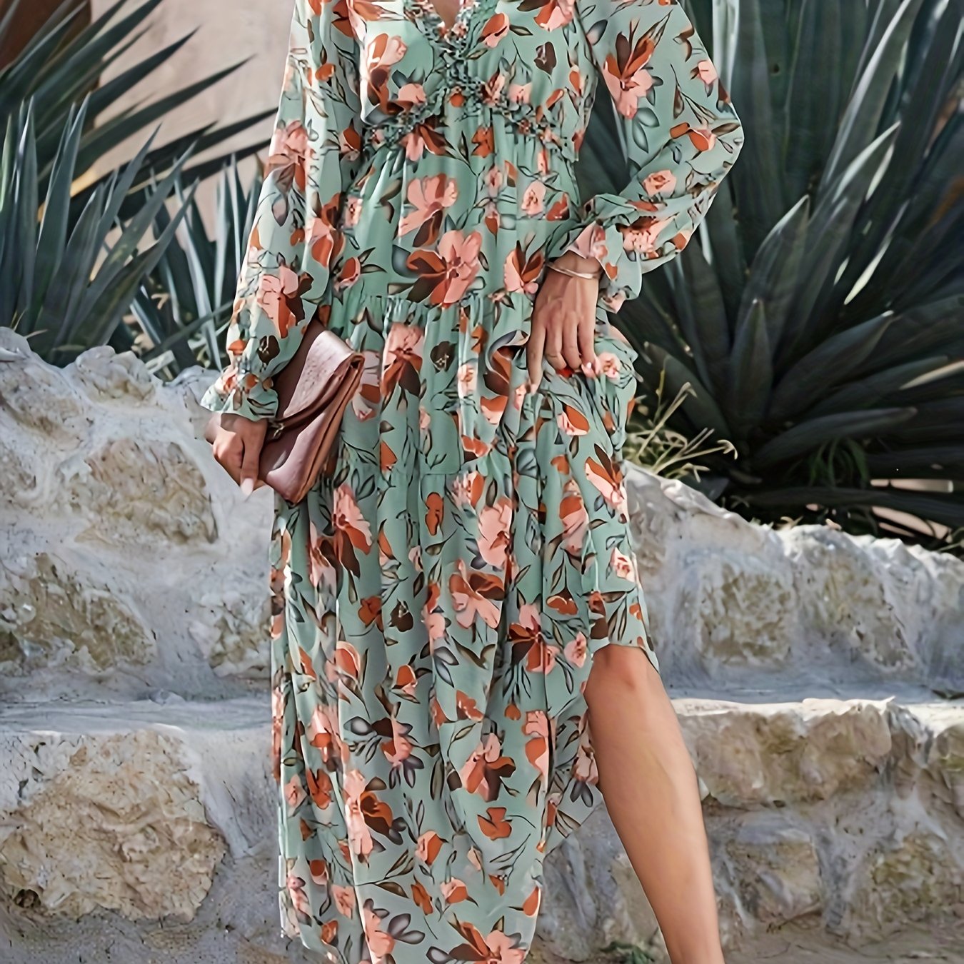 Romantic Floral Print Maxi Dress - Flowy Pleats & Modest V-Neck - Versatile Long Sleeves for Vacation Style - Womens Clothing