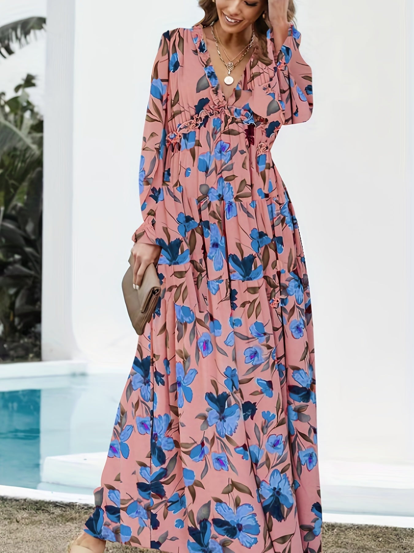 Romantic Floral Print Maxi Dress - Flowy Pleats & Modest V-Neck - Versatile Long Sleeves for Vacation Style - Womens Clothing