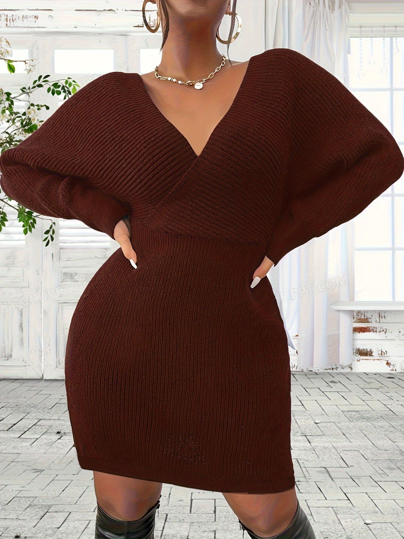 Plus Size Bodycon Mini Dress - V-Neck, Backless, Slight Stretch, Elegant Polyester Knit Fabric - Fall/Winter Solid Color, No Printing, No Sheer