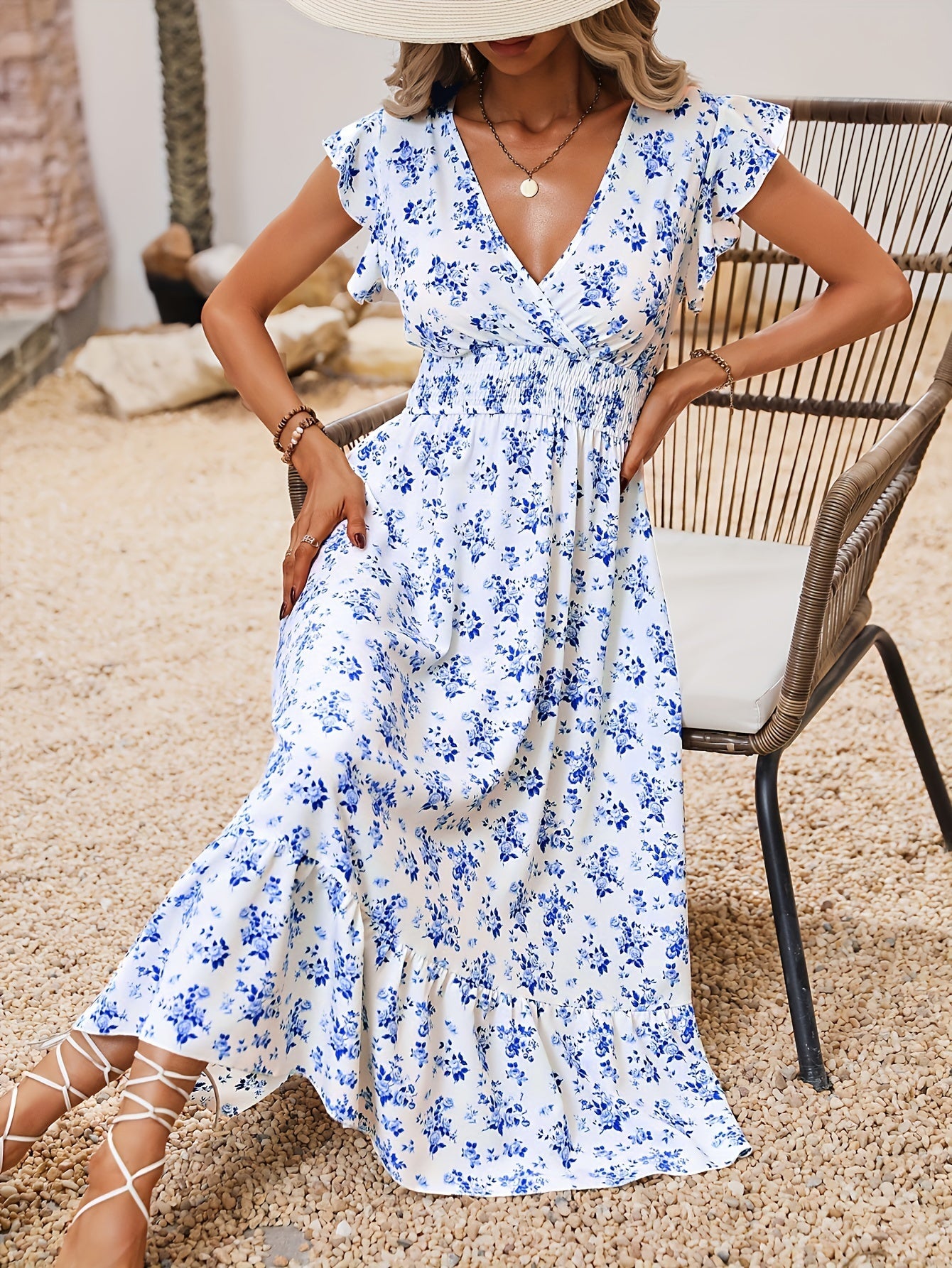 Flirty Floral Print Maxi Dress - Flattering Shirred Waist, Delicate Ruffle Trim, Alluring Surplice Neckline - Timeless Elegant Style for Women