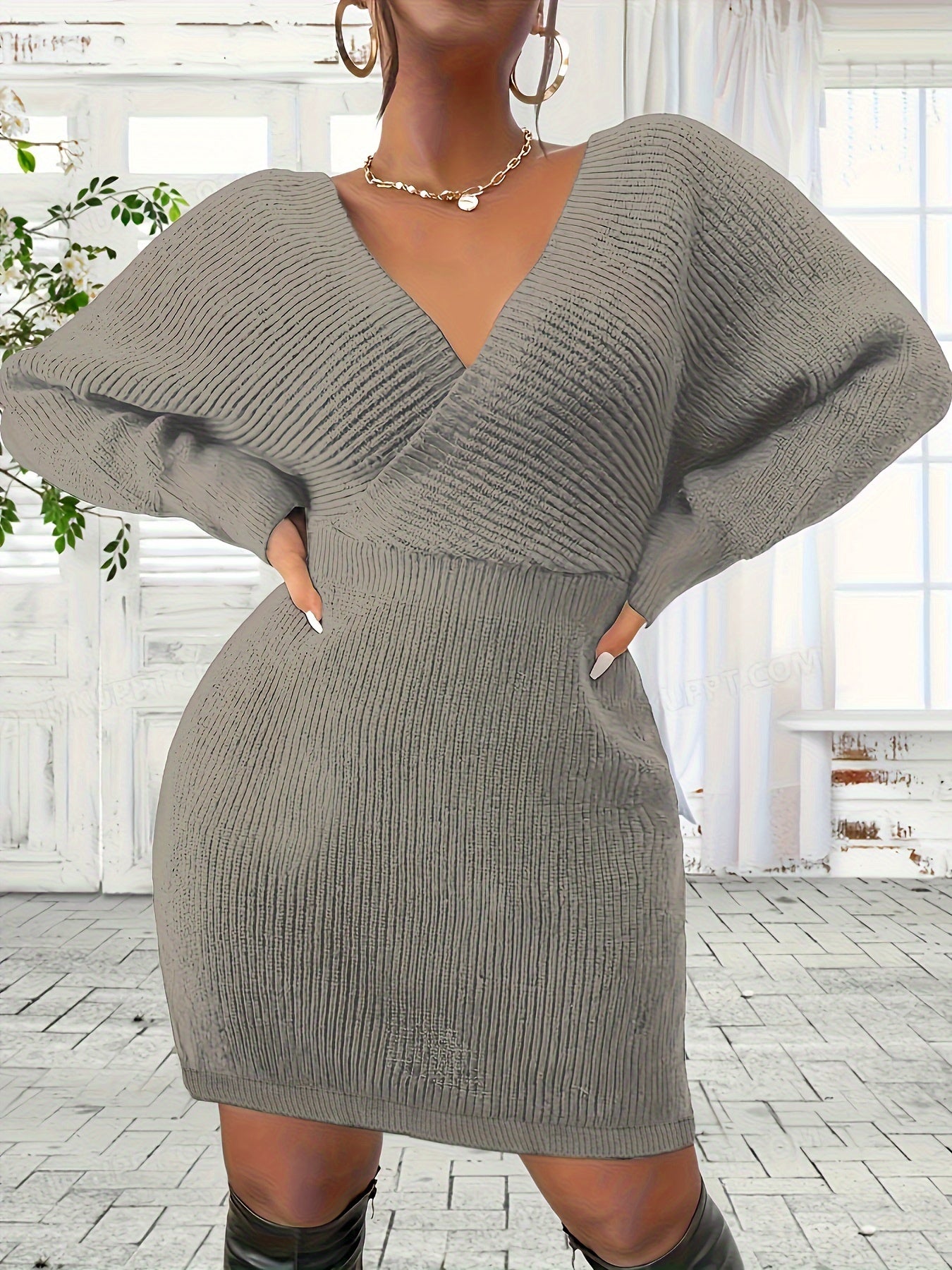 Plus Size Bodycon Mini Dress - V-Neck, Backless, Slight Stretch, Elegant Polyester Knit Fabric - Fall/Winter Solid Color, No Printing, No Sheer