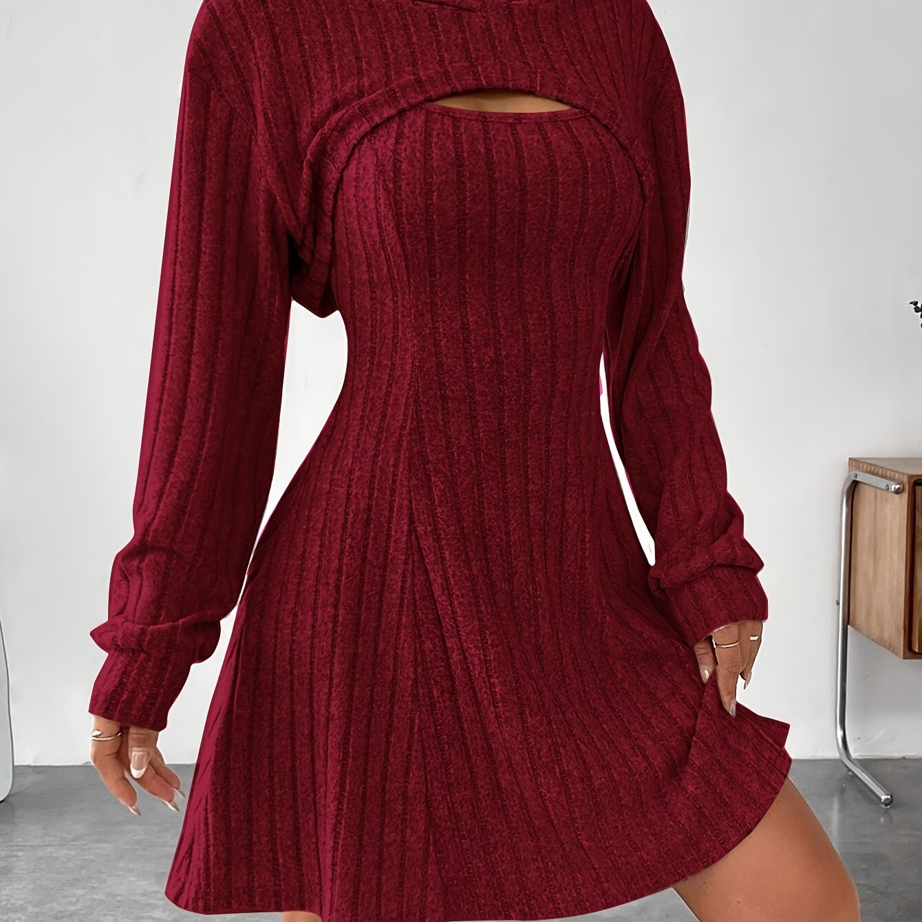 Solid Color Ribbed Dress Set, Long Sleeve Hoodie Shrug Top & Sleeveless Square Neck A-line Tank Dress Outfits, Women's Clothing