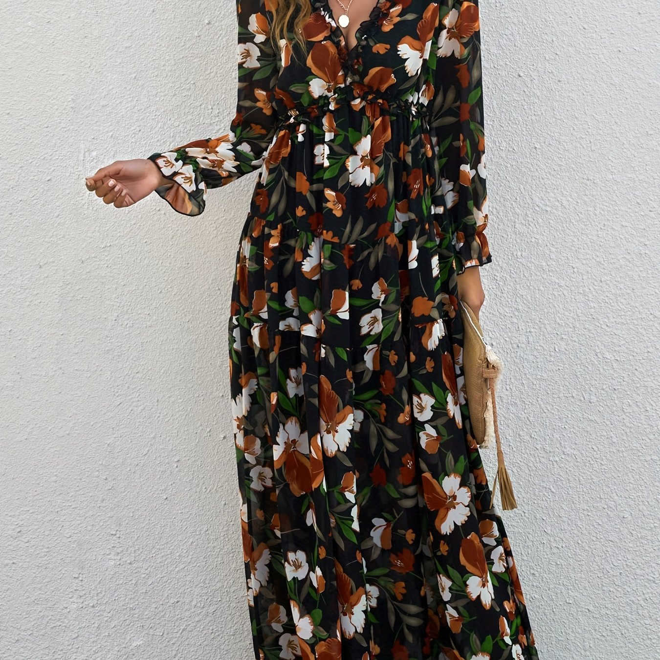 Romantic Floral Print Maxi Dress - Flowy Pleats & Modest V-Neck - Versatile Long Sleeves for Vacation Style - Womens Clothing