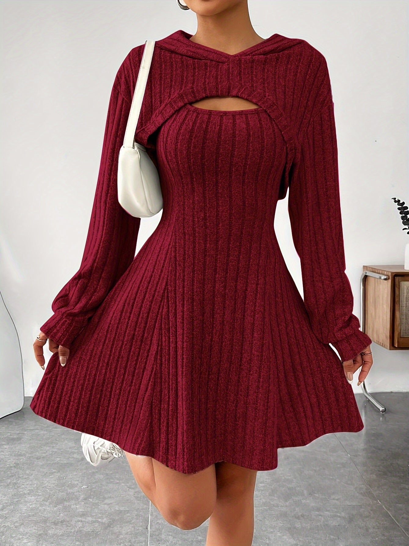 Solid Color Ribbed Dress Set, Long Sleeve Hoodie Shrug Top & Sleeveless Square Neck A-line Tank Dress Outfits, Women's Clothing