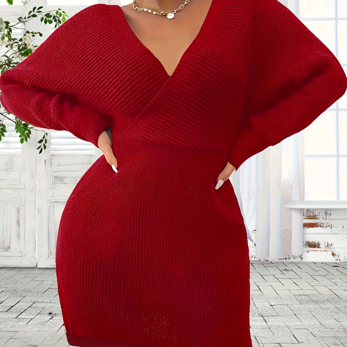 Plus Size Bodycon Mini Dress - V-Neck, Backless, Slight Stretch, Elegant Polyester Knit Fabric - Fall/Winter Solid Color, No Printing, No Sheer