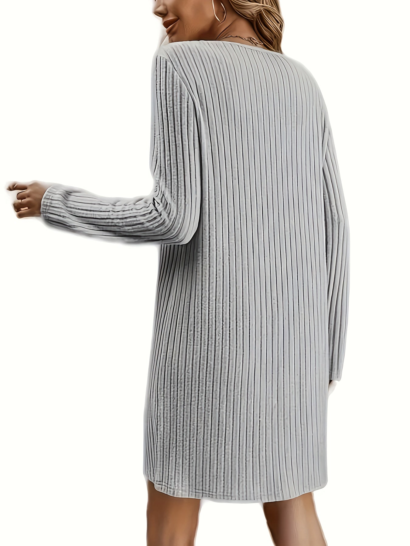 Long Sleeve Above Knee Loose Fit Ribbed Knit Dress - Classic Solid V Neck, Casual Style, Comfortable and Flattering - Womens Daily Wear Clothing