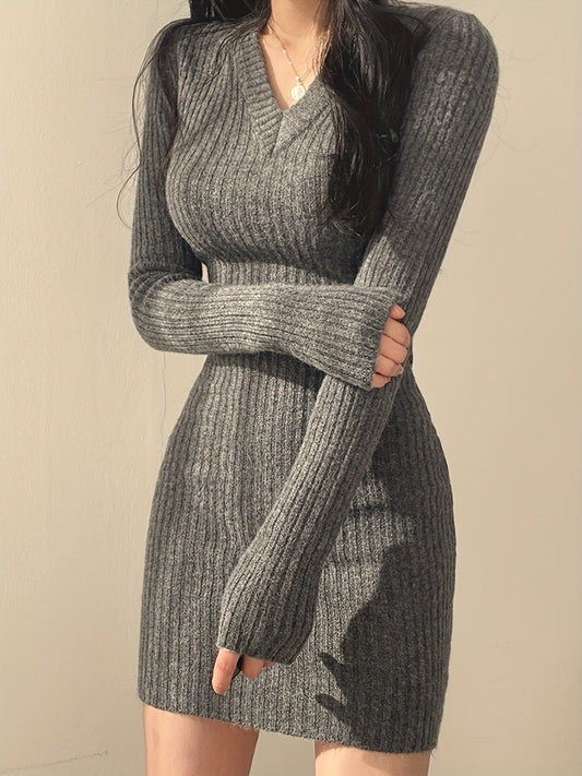 Cozy Solid Knit V-Neck Sweater Dress - Elegant Bodycon Dresses for Women - Long Sleeve, Fall & Winter Essential, Soft, Warm, and Comfortable Clothing