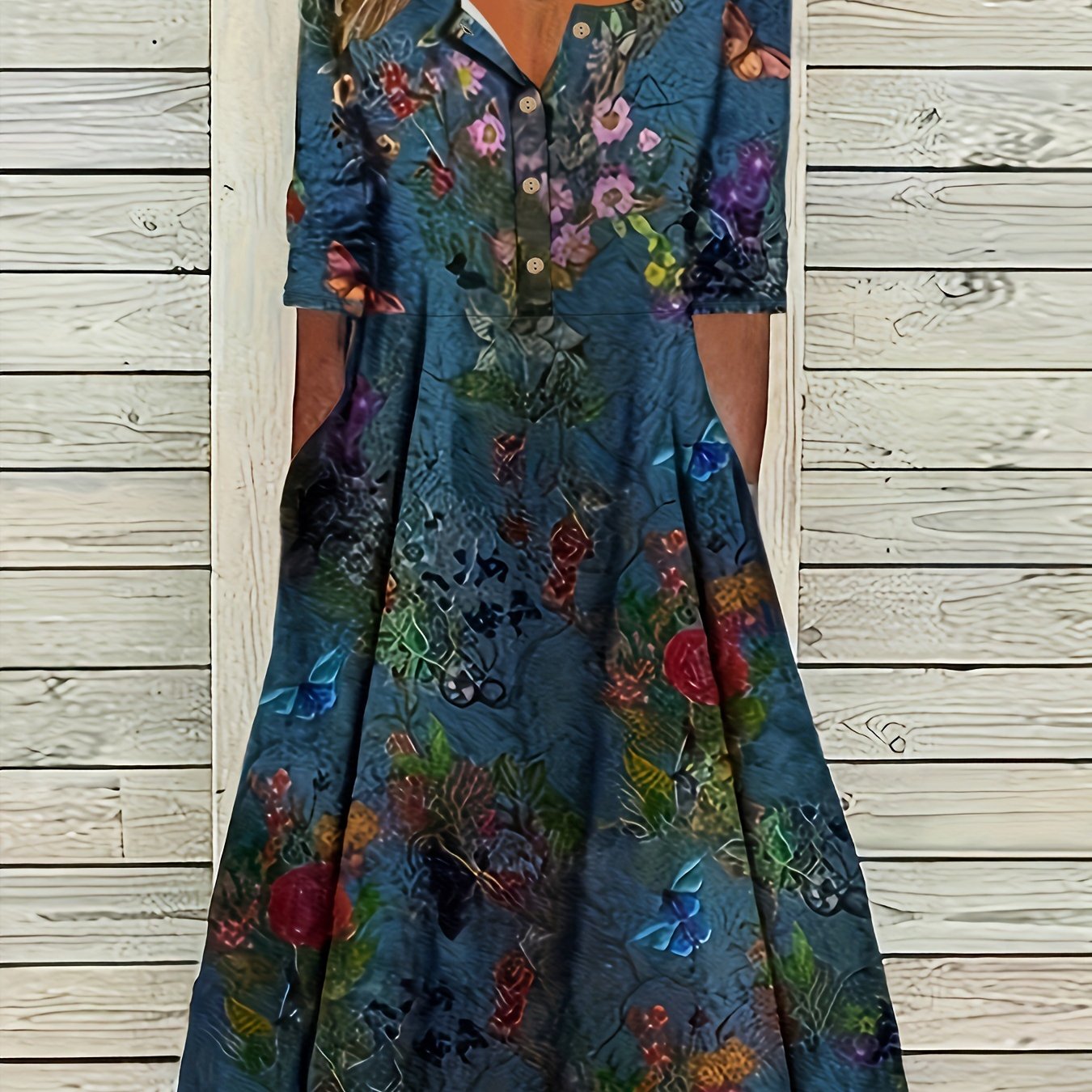 Plus Size Casual Dress, Women's Plus Floral Print Long Sleeve Round Neck Henley Dress With Pockets