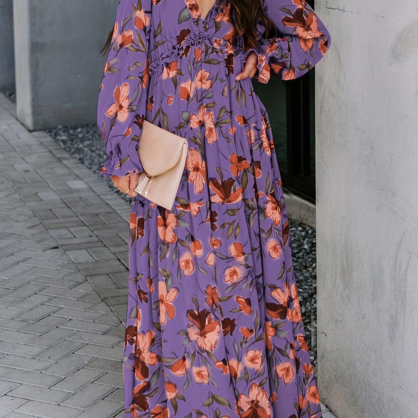 Romantic Floral Print Maxi Dress - Flowy Pleats & Modest V-Neck - Versatile Long Sleeves for Vacation Style - Womens Clothing