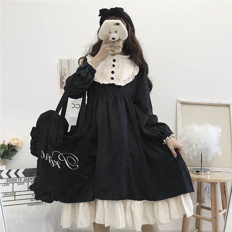 mvrsgreen alt black girl going out classic style women edgy style church outfit brunch outfit cute spring outfitsJapanese Style   Autumn Women'S Dresses O-Neck High Waist Slimming Contrast-Color Ruffled Sweet Lolita Dress Kawaii Clothing