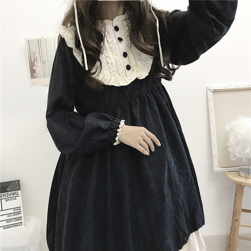 mvrsgreen alt black girl going out classic style women edgy style church outfit brunch outfit cute spring outfitsJapanese Style   Autumn Women'S Dresses O-Neck High Waist Slimming Contrast-Color Ruffled Sweet Lolita Dress Kawaii Clothing