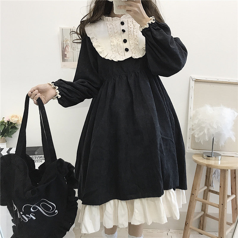 mvrsgreen alt black girl going out classic style women edgy style church outfit brunch outfit cute spring outfitsJapanese Style   Autumn Women'S Dresses O-Neck High Waist Slimming Contrast-Color Ruffled Sweet Lolita Dress Kawaii Clothing