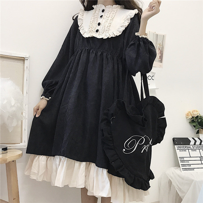 mvrsgreen alt black girl going out classic style women edgy style church outfit brunch outfit cute spring outfitsJapanese Style   Autumn Women'S Dresses O-Neck High Waist Slimming Contrast-Color Ruffled Sweet Lolita Dress Kawaii Clothing