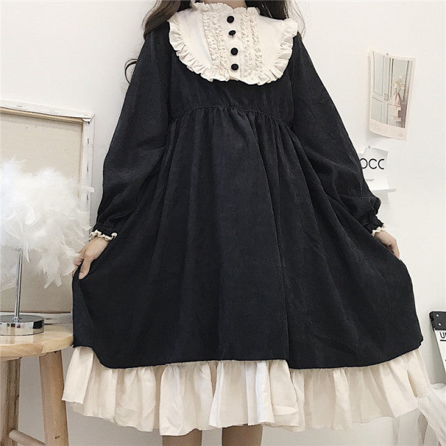 mvrsgreen alt black girl going out classic style women edgy style church outfit brunch outfit cute spring outfitsJapanese Style   Autumn Women'S Dresses O-Neck High Waist Slimming Contrast-Color Ruffled Sweet Lolita Dress Kawaii Clothing