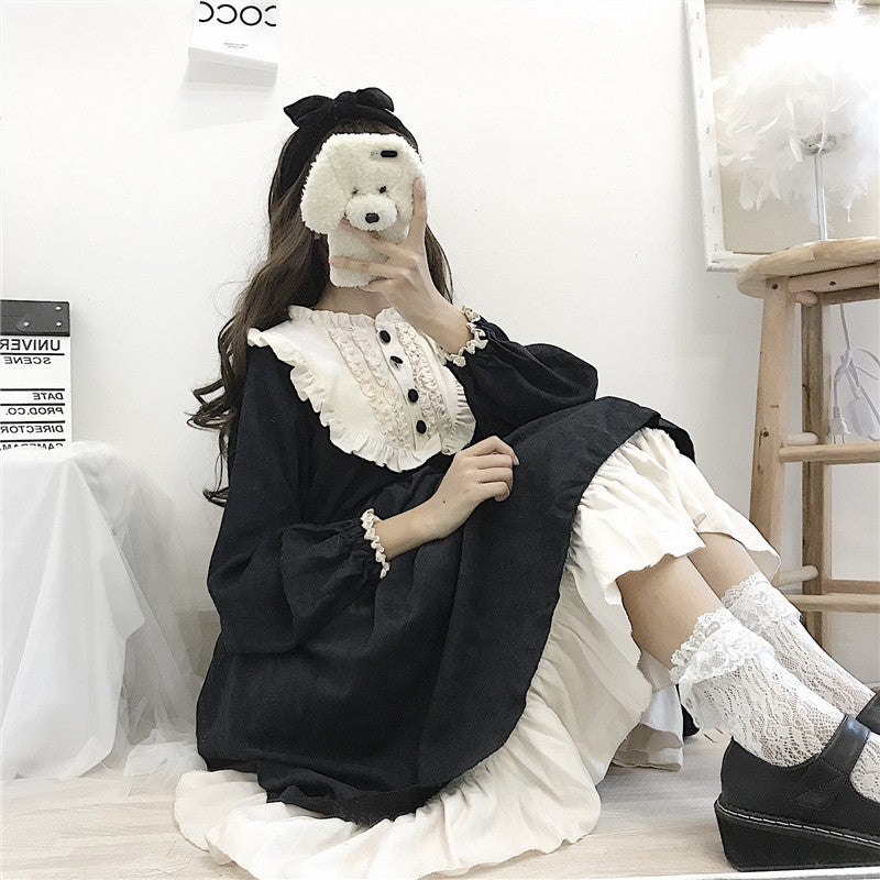 mvrsgreen alt black girl going out classic style women edgy style church outfit brunch outfit cute spring outfitsJapanese Style   Autumn Women'S Dresses O-Neck High Waist Slimming Contrast-Color Ruffled Sweet Lolita Dress Kawaii Clothing