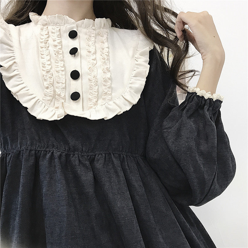 mvrsgreen alt black girl going out classic style women edgy style church outfit brunch outfit cute spring outfitsJapanese Style   Autumn Women'S Dresses O-Neck High Waist Slimming Contrast-Color Ruffled Sweet Lolita Dress Kawaii Clothing