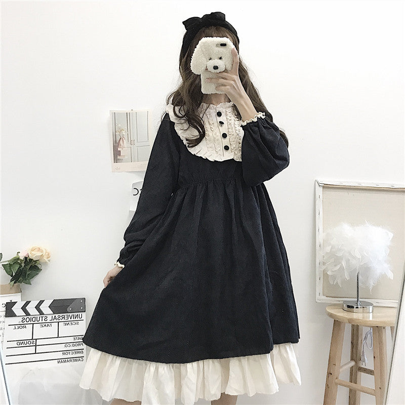 mvrsgreen alt black girl going out classic style women edgy style church outfit brunch outfit cute spring outfitsJapanese Style   Autumn Women'S Dresses O-Neck High Waist Slimming Contrast-Color Ruffled Sweet Lolita Dress Kawaii Clothing